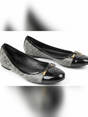 Tory Burch Black Patent Toe and Gray Snake-Print Ballet Flats